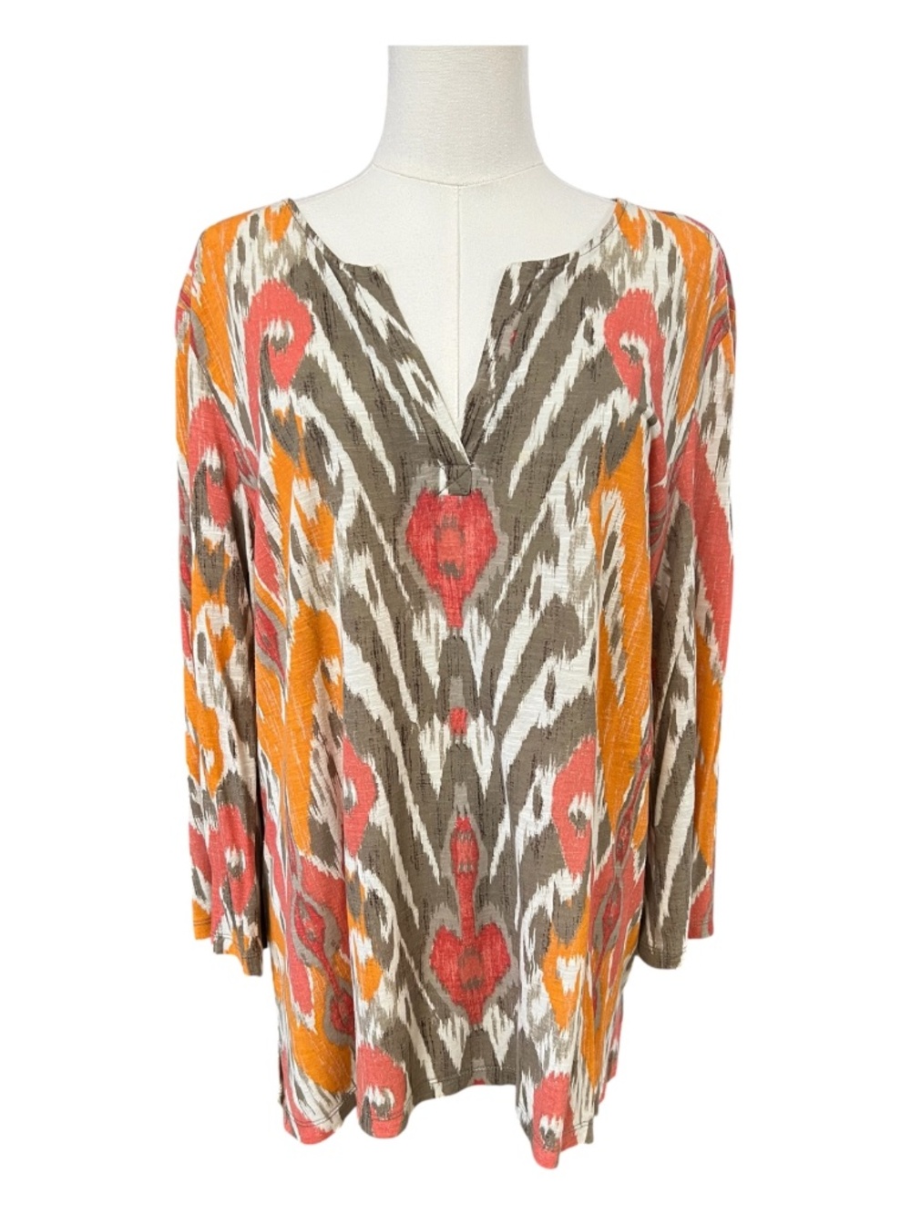 EUC Chico’s Abstract IKAT Tunic Top 3/4 Bell Sleeves | Size XL